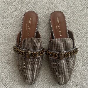 Kurt Geiger Brown Tweed Mules with Gold Chain